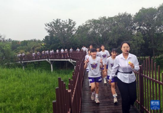 8月9日，臺(tái)灣兩所學(xué)校師生行走在衡水湖梅花島棧道上。新華社記者 任麗穎 攝